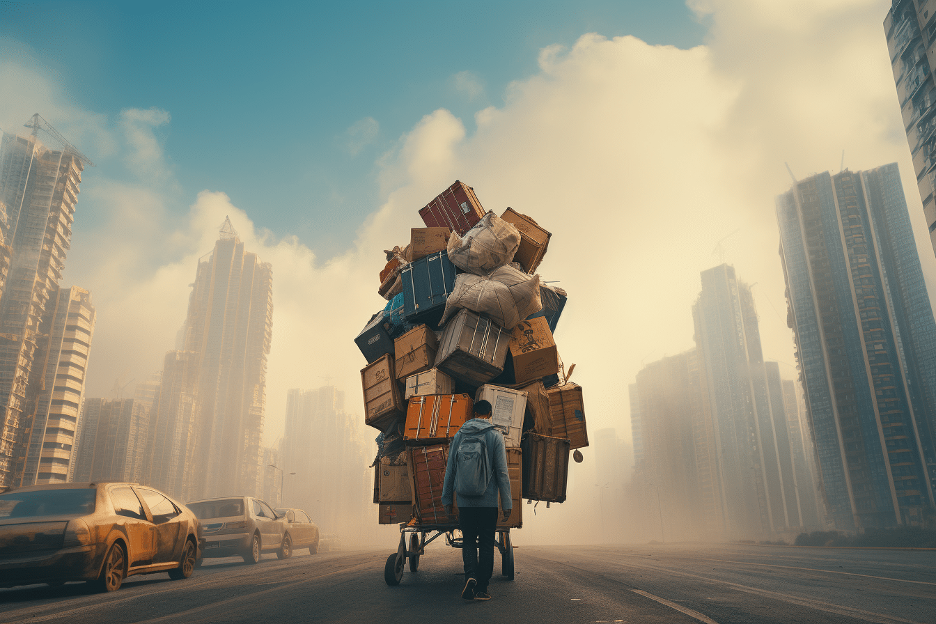 A humorous look at a man relocating to a new city walks down the street with a cart full of boxes.