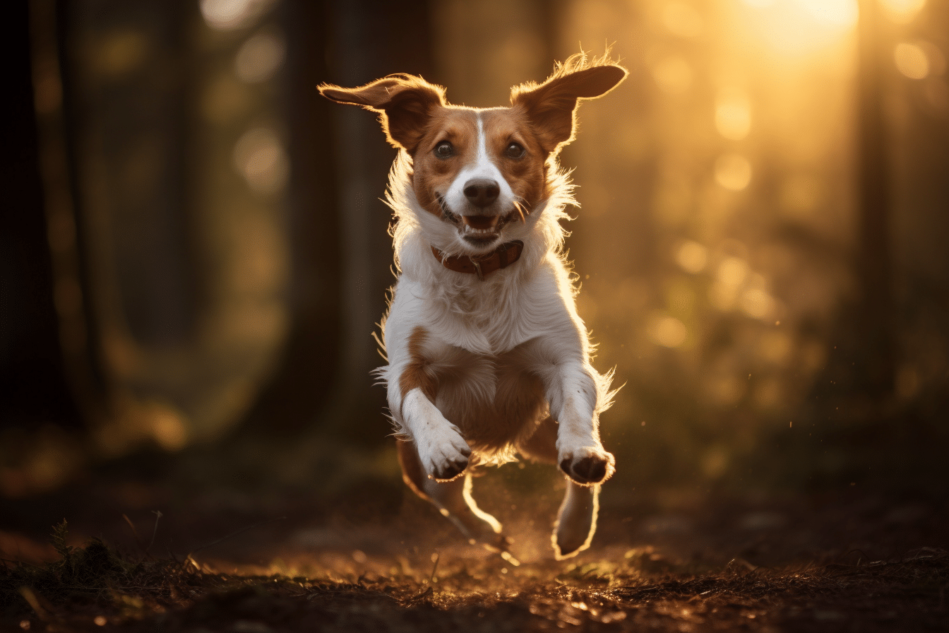 A dog running through the woods at sunset.