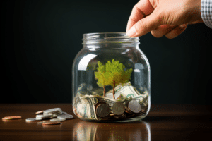 A hand is putting money into a glass jar, saving for a mortgage down payment.