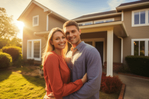 A young couple in front of their new home. after navigating seller concessions in the home selling process.