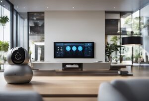 A smart home with a TV and a robot in the living room, depicting smart home automation systems.