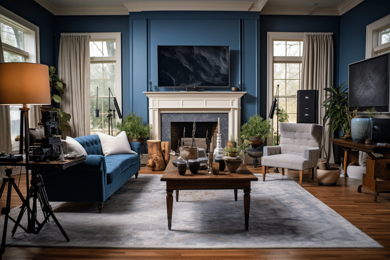 A professionally staged living room with blue walls and a fireplace.