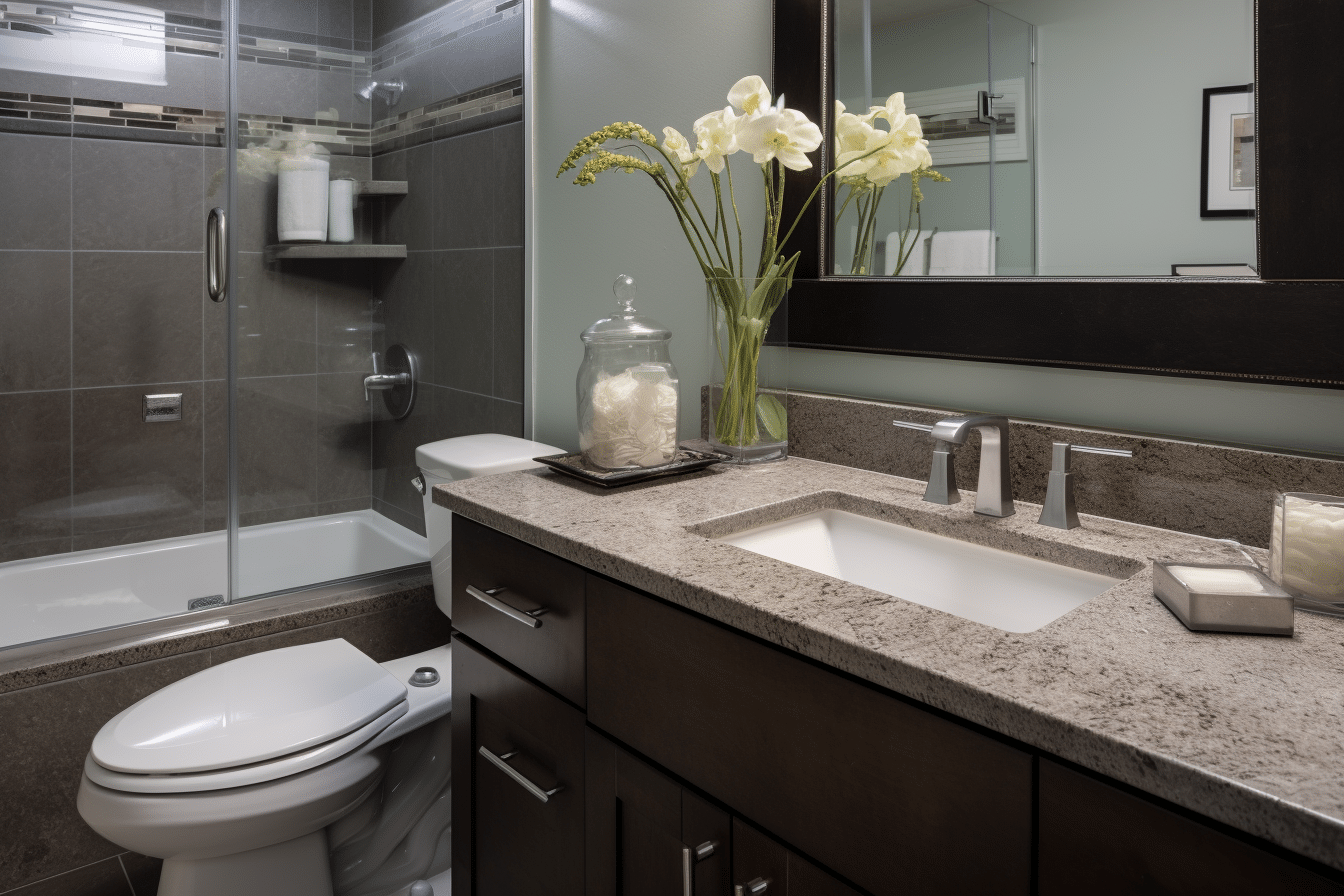 A bathroom with gray counter tops and a sink showing staging bathrooms for open houses.