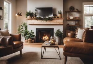 A warm and inviting living room adorned with brown leather furniture and a cozy fireplace demonstrating staging with warm colors.
