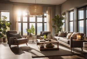 A living room with statement lighting for staging and a large window overlooking the mountains.