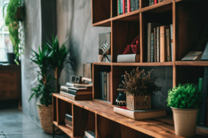 A wooden bookcase adorned with a variety of books and a small potted plant is one of many stylish storage solutions.