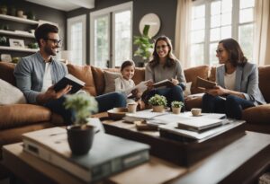 A family sitting on a couch, researching tips for the home buying process.