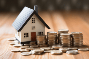 A model house surrounded by coins depicting understanding mortgage costs.