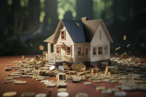 A house stacked with coins, representing understanding mortgage down payments.