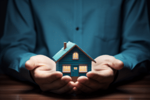 A man holding a model house in his hands to represent understanding mortgage insurance.