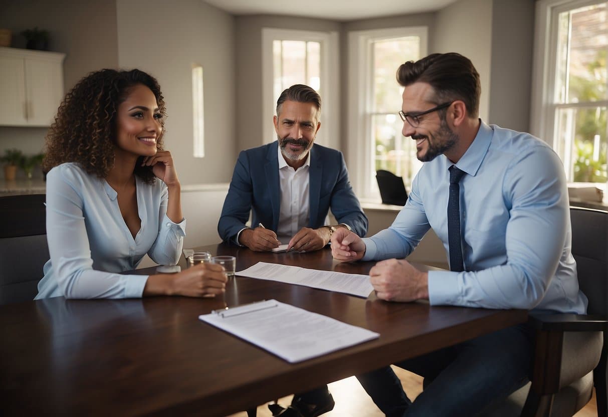 A couple with their mortgage lender sitting at a table, understanding mortgage pre-qualification.