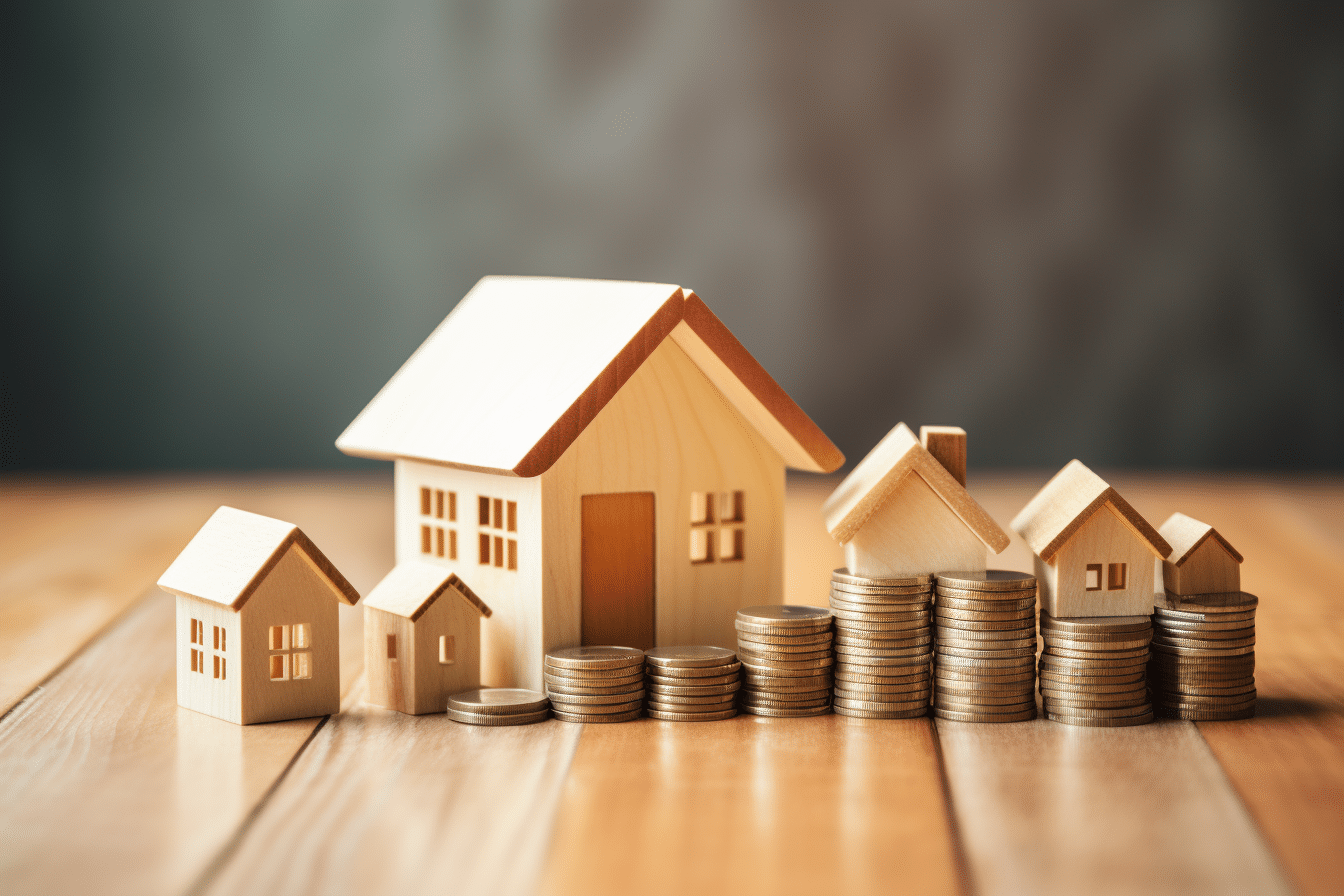 A stack of coins next to a wooden house model, illustrating the understanding of mortgage rates.