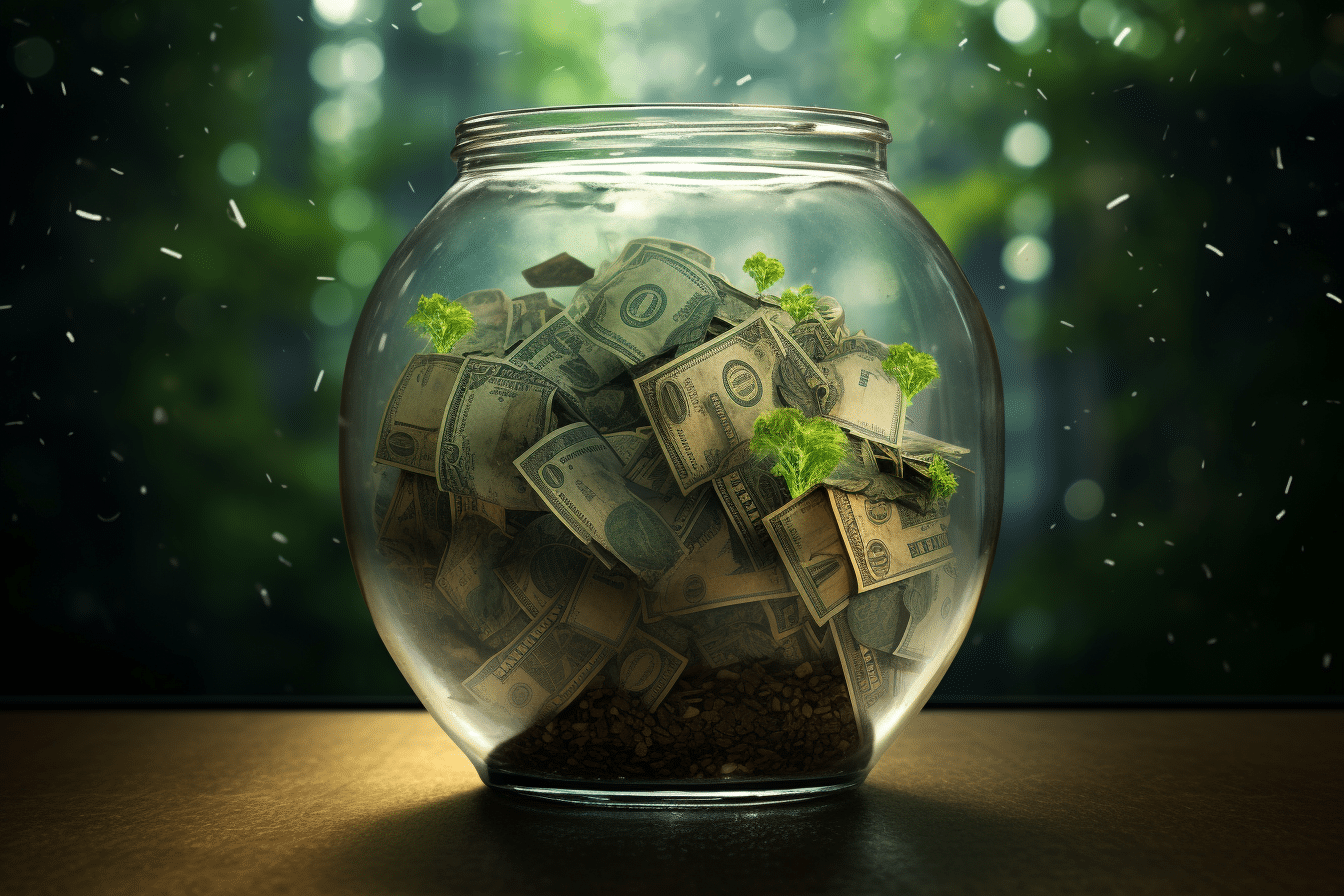 A glass jar filled with money.