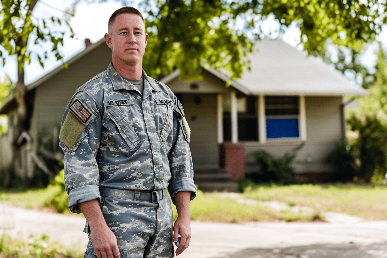 A US Air Force airman standing in front of a house eligible for VA loans.