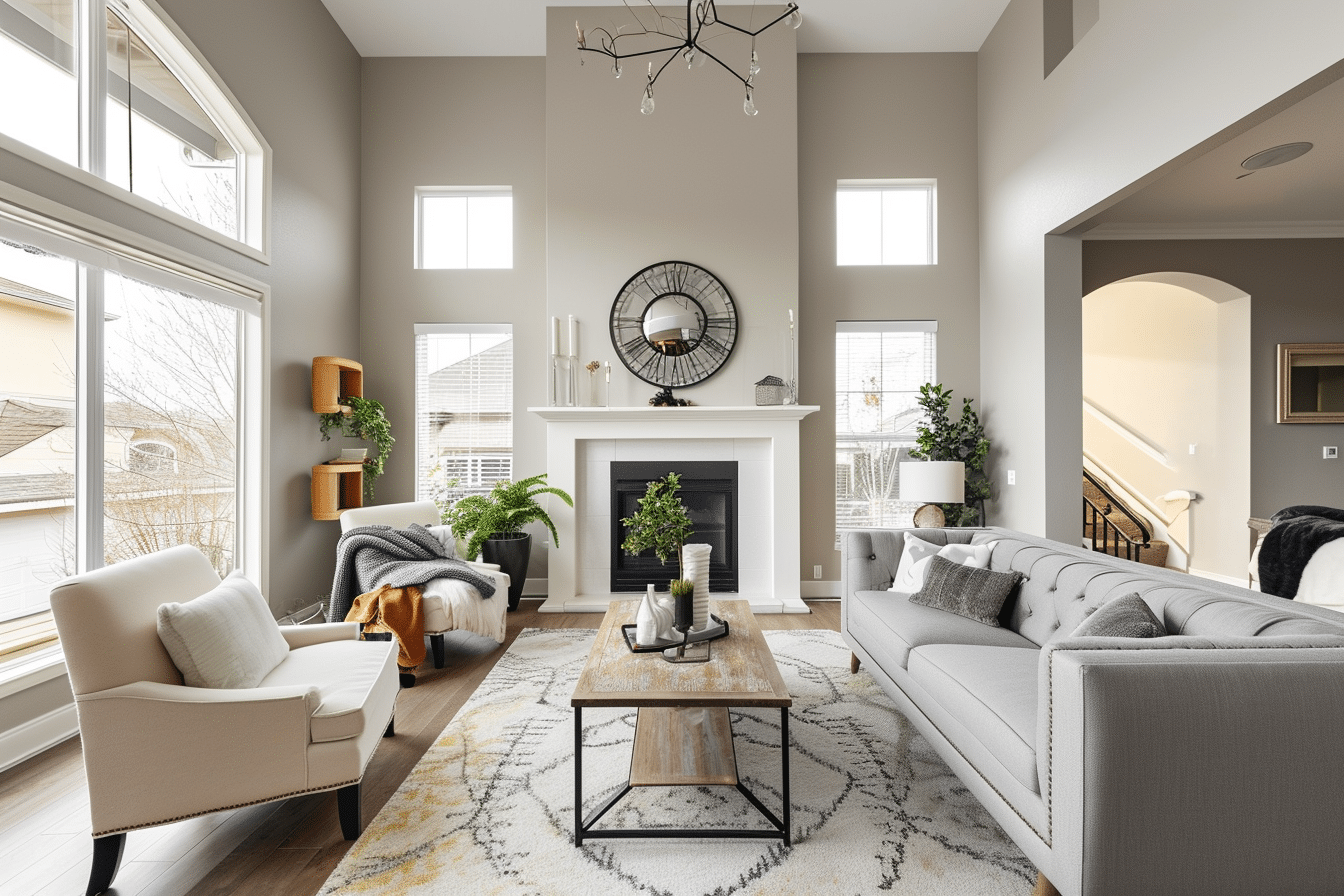 Virtual home staging: A cozy living room with a fireplace and stylish grey furniture.