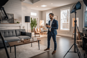 A Realtor standing in front of a camera in a living room, discussing what to look for in a real estate agent.
