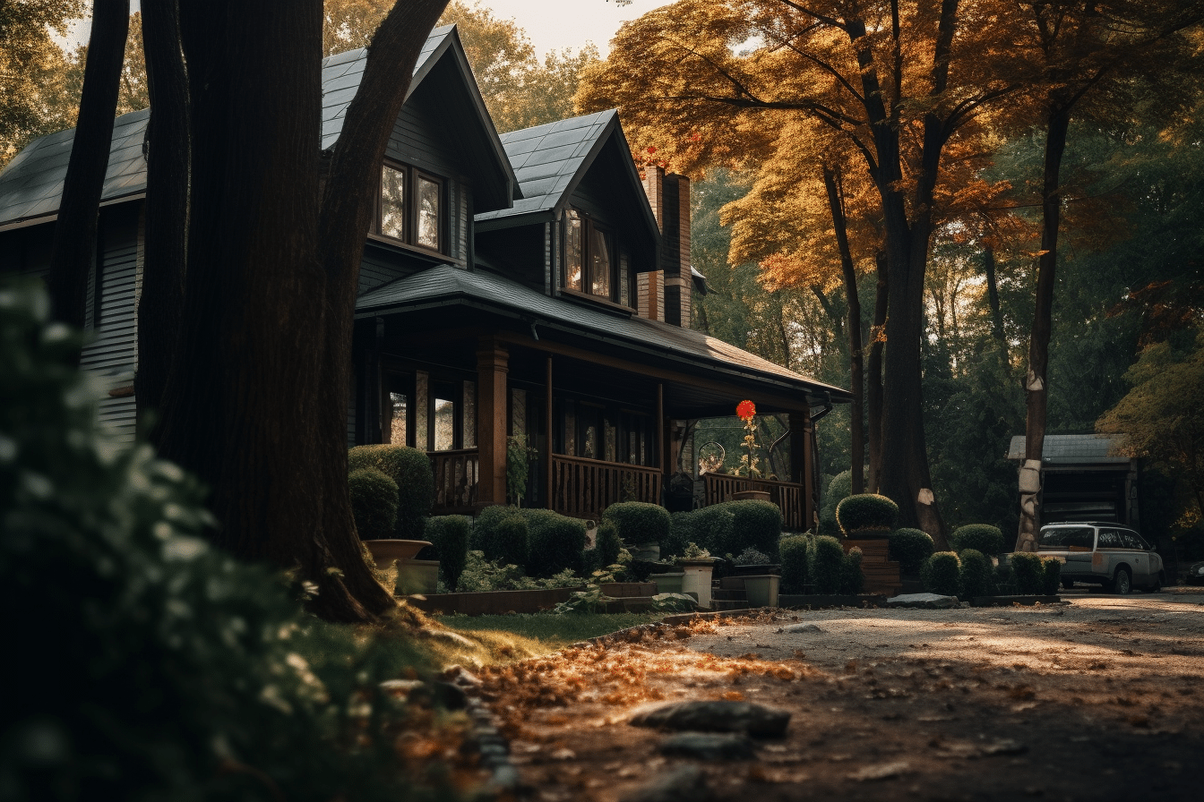 A house nestled in a vibrant autumn landscape surrounded by towering trees.