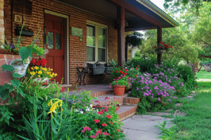 A beautiful brick house with flowers on the front porch, showing affordable curb appeal enhancements.
