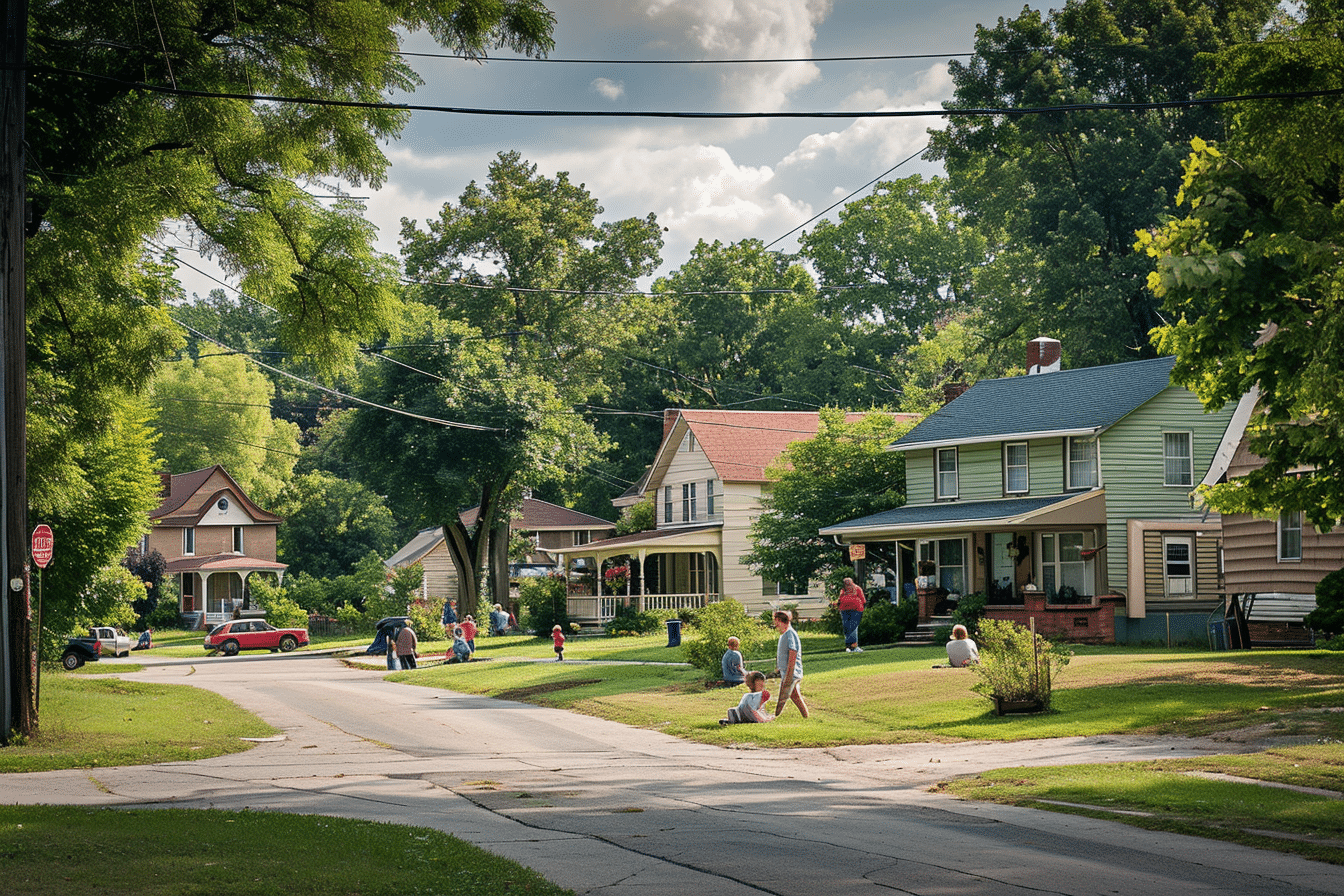 A group of people walking down a street, discussing the benefits of neighborhood watch.