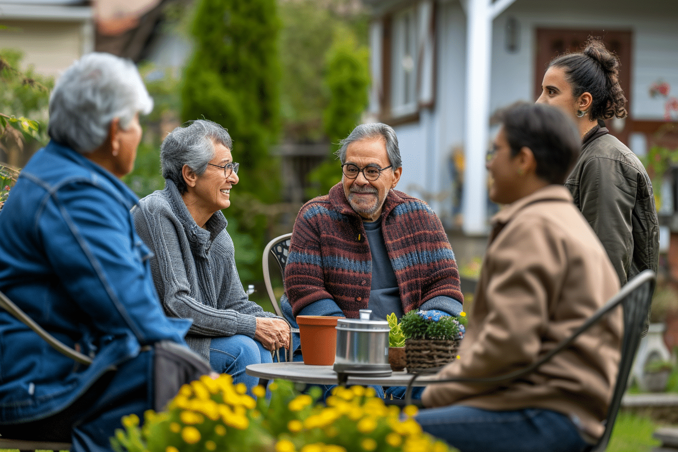 A group of people enjoying the benefits of neighborhood watch while sitting around a table in a garden.