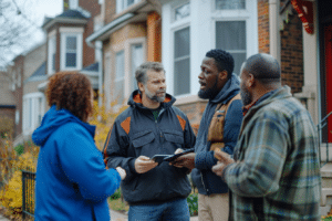A group of neighbors discussing the benefits of neighborhood watch in front of a house.