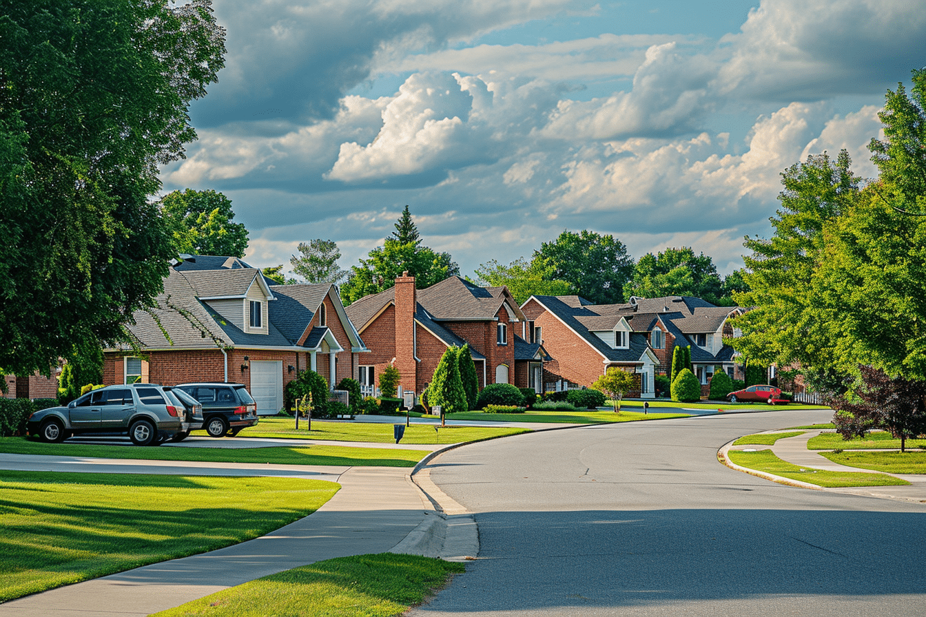 A row of houses in a neighborhood, where residents can experience the benefits of neighborhood watch.