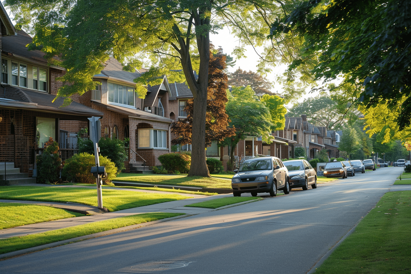 A row of houses on a street, showcasing the benefits of a neighborhood watch.