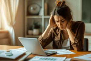 A woman is sitting at a desk with a laptop, researching the cost of mortgage insurance.