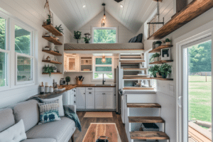 This tiny house boasts an open flow design with a cozy couch and strategically placed shelves. This shows creating open flow in small space staging.