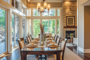 A dining room with a fireplace and large windows, featuring a carefully curated dining room furniture arrangement.