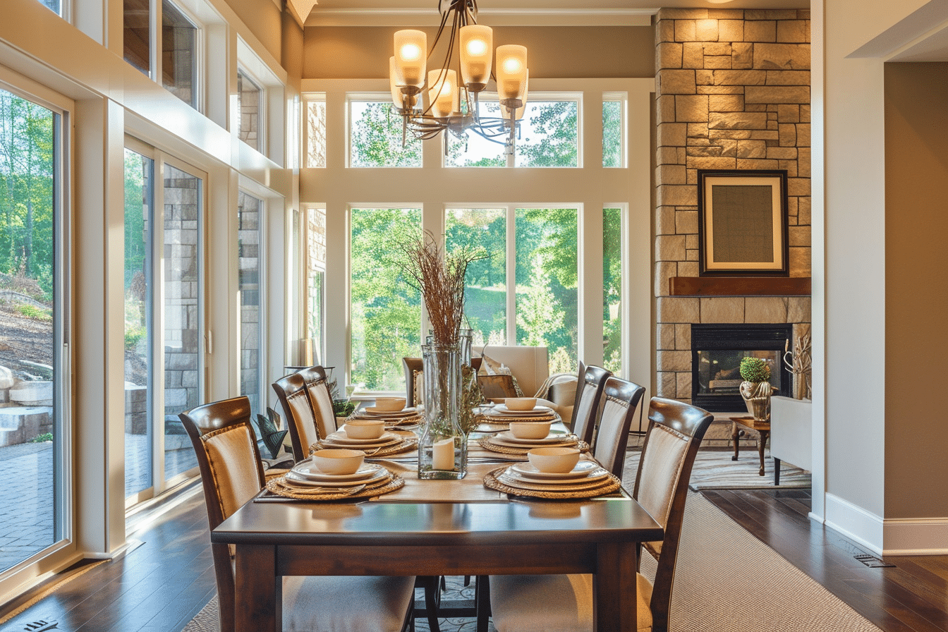 A dining room with a fireplace and large windows, featuring a carefully curated dining room furniture arrangement.