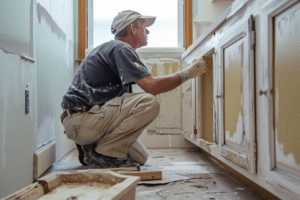 A homeowner is painting in his bathroom. One of several DIY bathroom improvement projects.