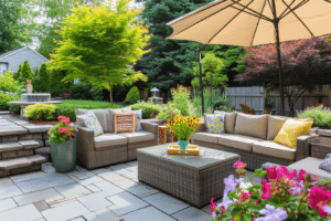 A beautifully staged backyard, with a lovely arrangement of patio furniture and vibrant flowers. It serves as the perfect space for relaxation and entertainment using DIY patio staging tips.