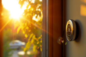 A smart thermostat on a wall by a window with the sun setting behind it, ensuring efficient temperature regulation.