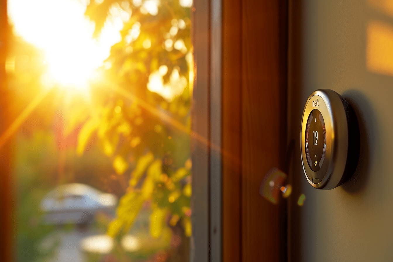 A smart thermostat on a wall by a window with the sun setting behind it, ensuring efficient temperature regulation.