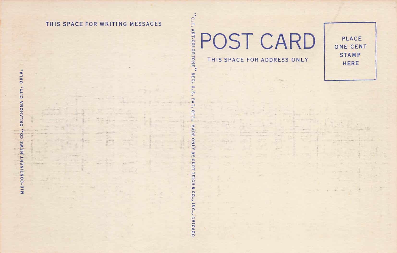 A post card with a blue and white design.