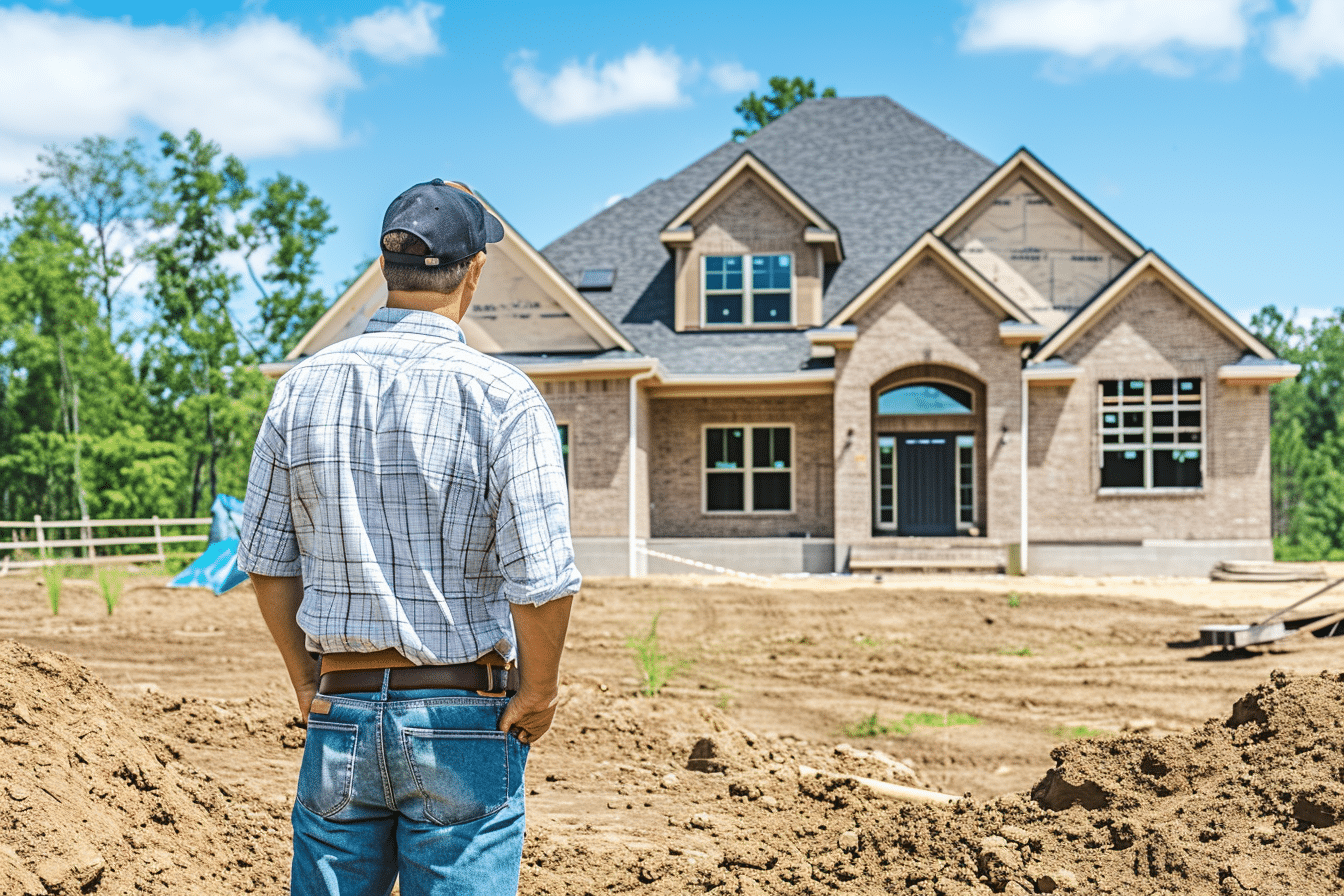 An inpsector conducting home inspections for new construction, standing in front of a house being built.