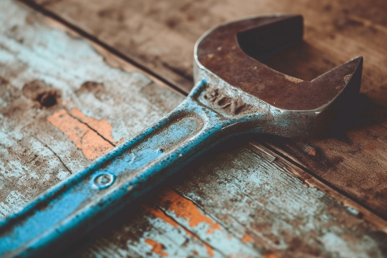 A blue wrench, a crucial tool for home repair, sits on top of a wooden table.