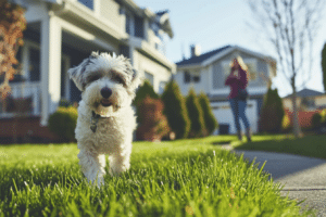 A dog walking in front of a house while its owner is house hunting for a pet-friendly home.