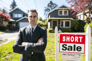 A mortgage banker is standing in front of a home. This raises the question: how to buy a short sale home.