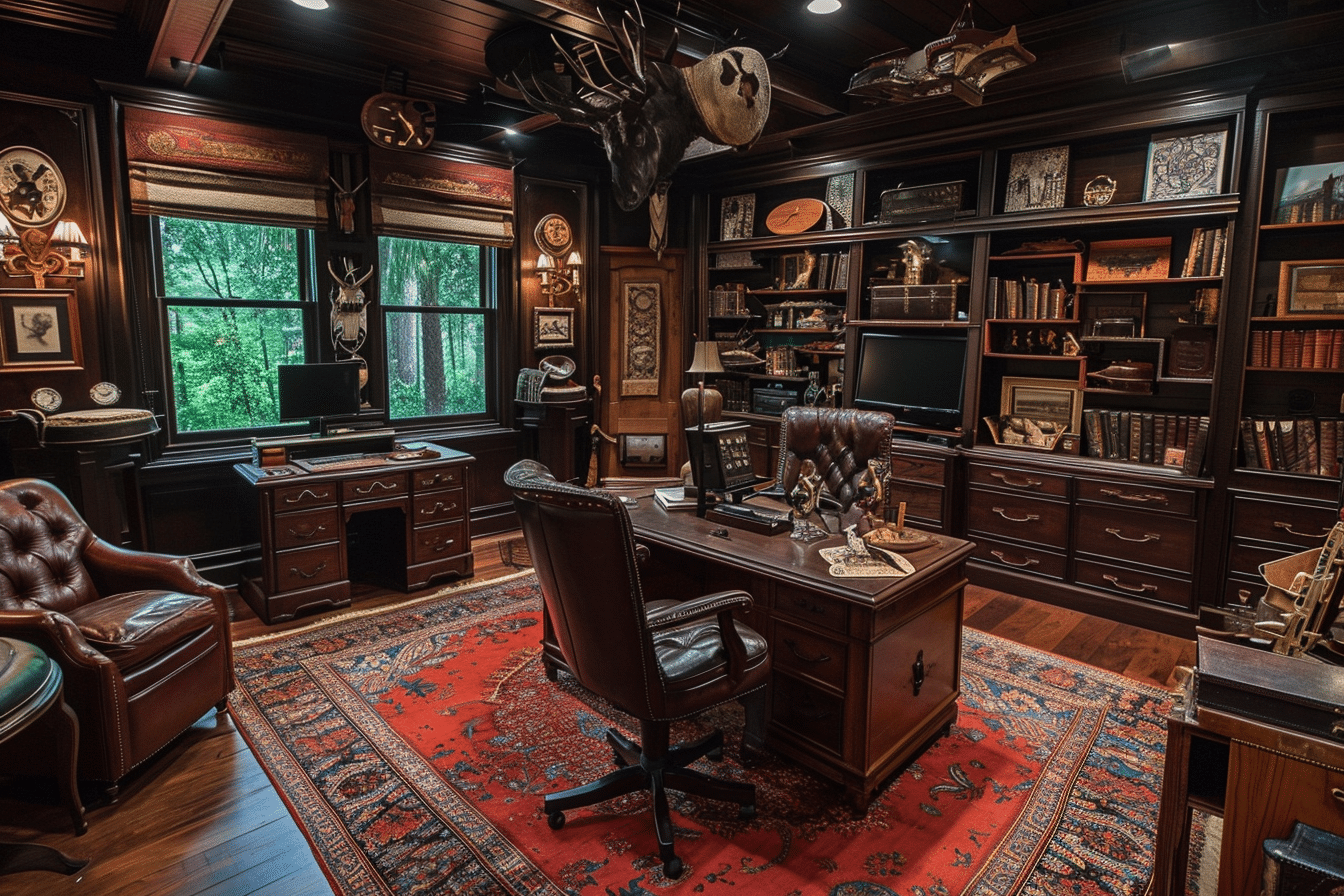 A man room office with a lot of furniture and bookshelves.