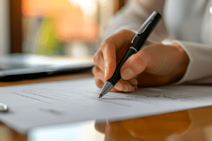 A seller is signing closing papers with a pen while learning how to handle closing costs as a seller.