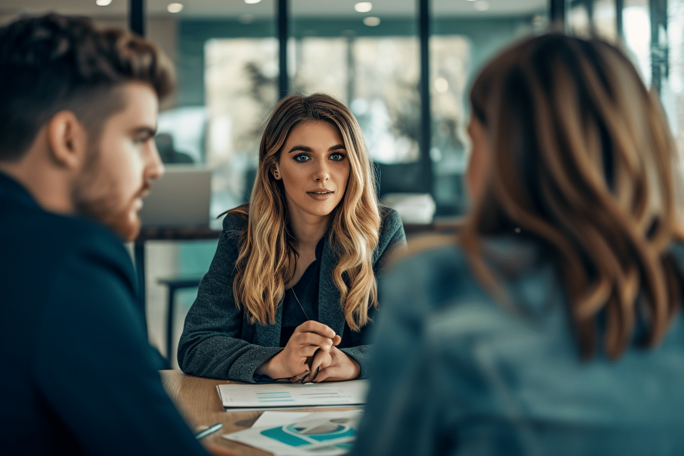 A mortgage lender is discussing income verification for mortgages with a young couple in an office.