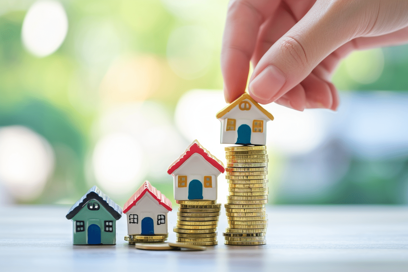 A hand holding a stack of coins with miniature houses on top, representing the concept of investing in rental properties.