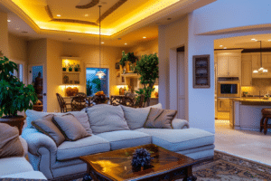 A living room, kitchen, and dining room showing layered lighting in home staging.