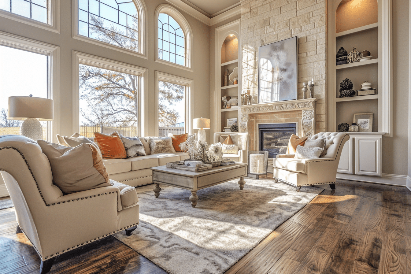 A living room with large windows and a fireplace, showing luxury home staging trends for 2024.