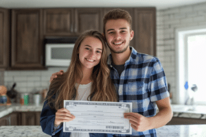 A young couple holding up a check for mortgage down payment assistance programs in Oklahoma in a kitchen.