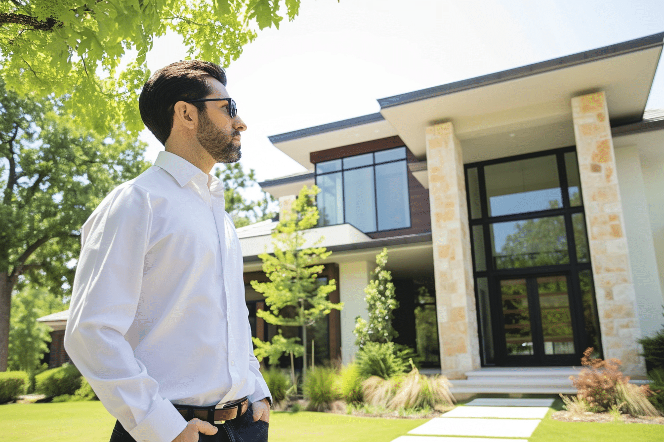 A young professional man standing in front of a luxury house wanting mortgage tips for high-income individuals.