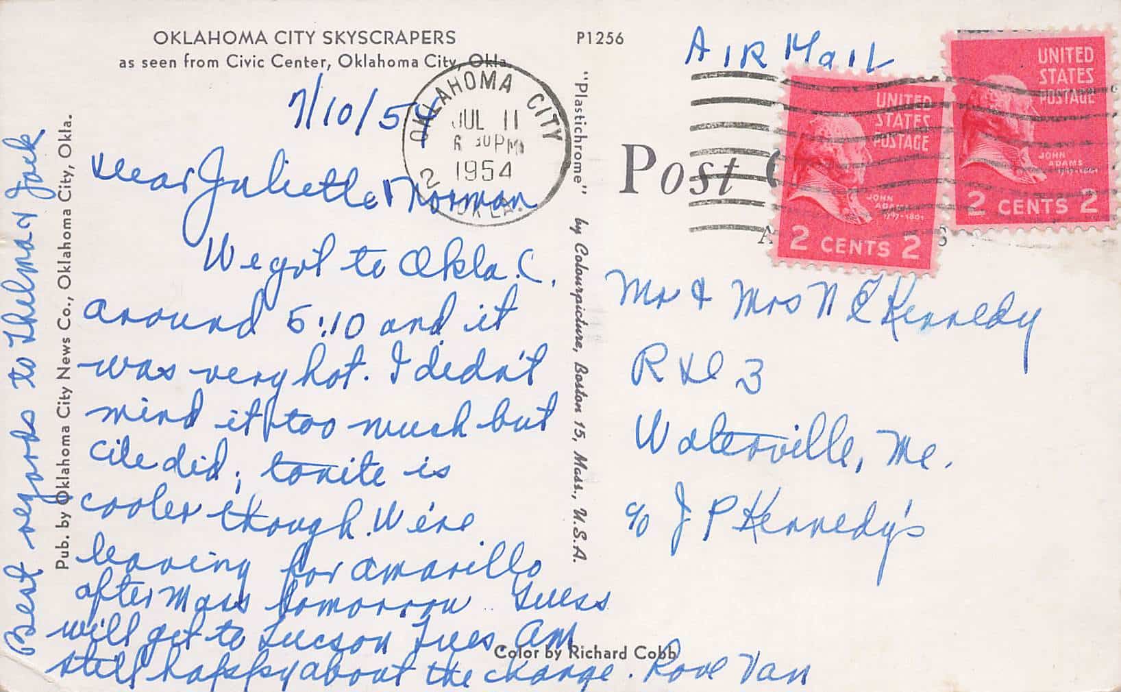The Oklahoma City Skyscraper postcard back with a handwritten note on it.