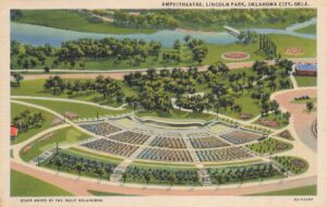 A vintage postcard shows a view of the Oklahoma City Zoo Amphitheater.